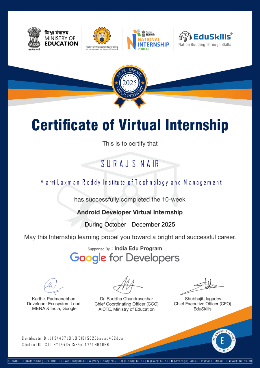 Android Developer Virtual Internship certificate preview