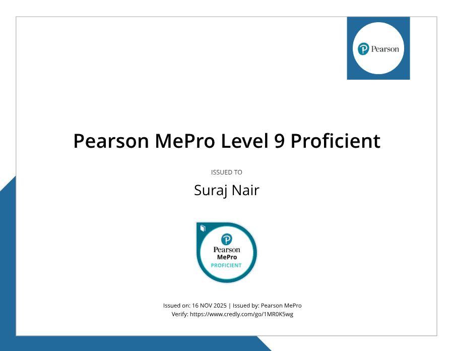 Pearson MePro Level 9 Proficient certificate preview